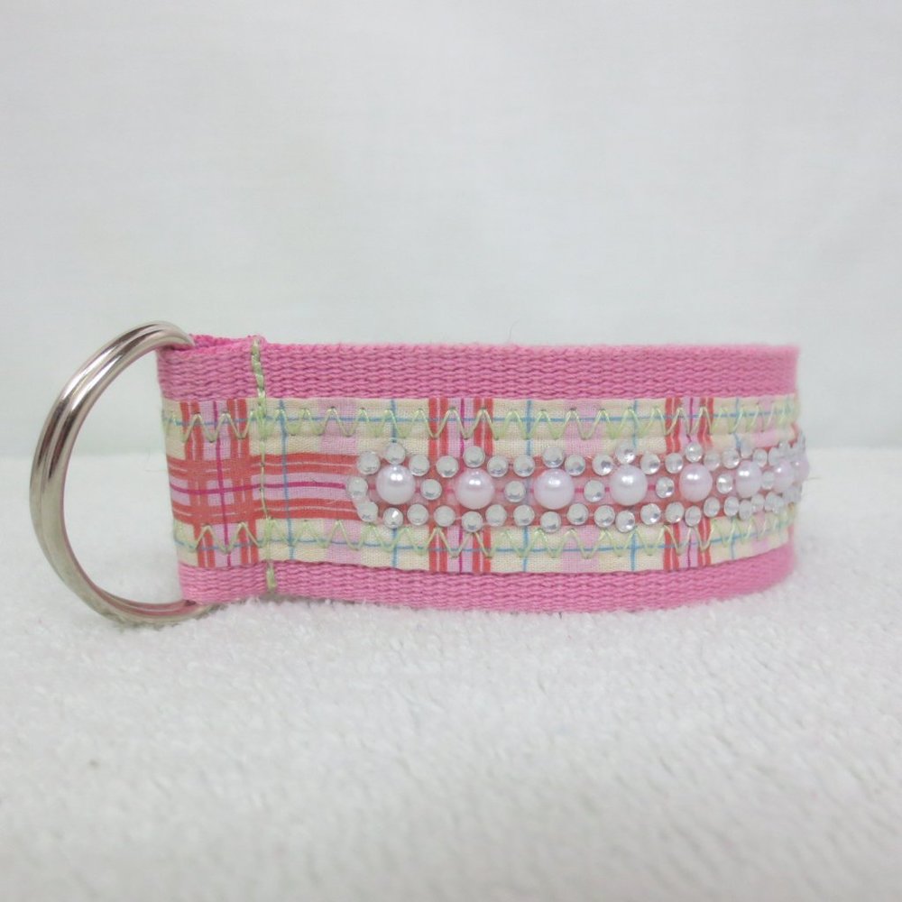 New Handcrafted Belt 90s Pink Web with Plaid Sparkle Flower Detail D Ring Size L